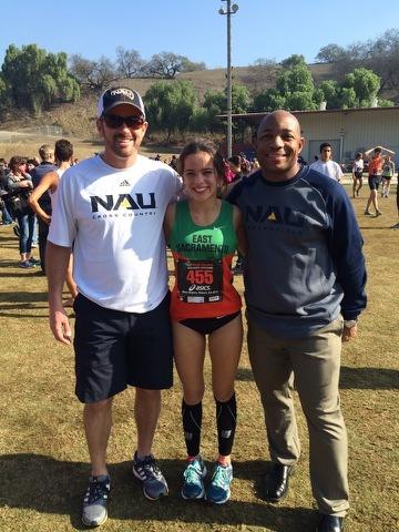 Myers with Northern Arizona coaches Eric Heins and Kenny McDaniel at the Footlocker meet. 